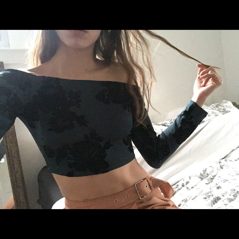 Lace Appliqué Bardot Velvet Croptop